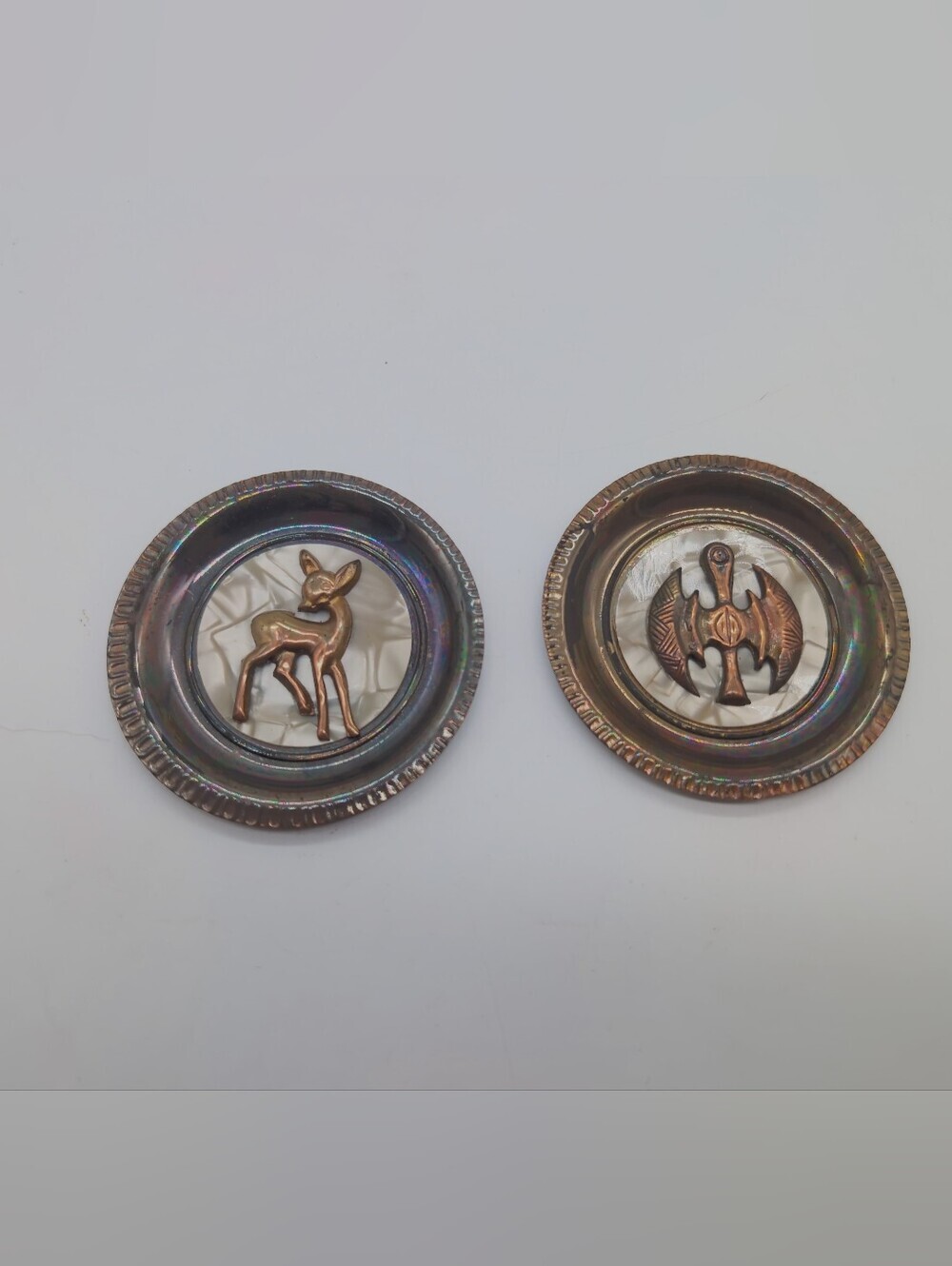 Vintage Mid Century Modern Mother of Pearl & Copper Miniature Wall Plaques - Set